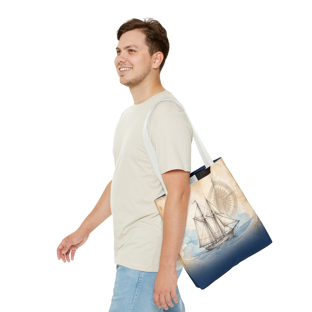 Vintage Schooner Tote Bag – Antique Nautical Map Compass Beach Bag