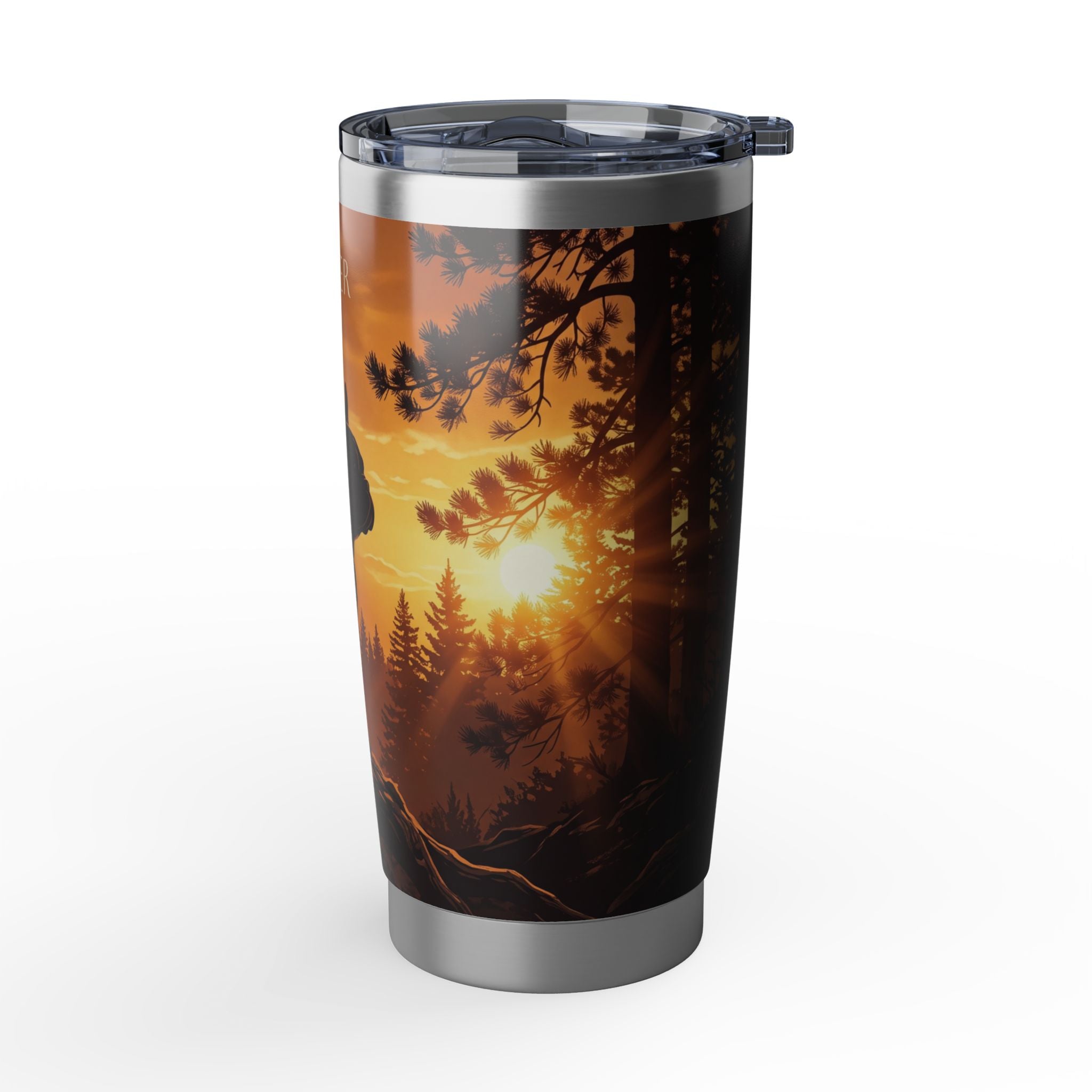 Frenchie Stainless Tumbler — 20 oz Personalized Travel Mug with Forest Sunset Silhouette Design