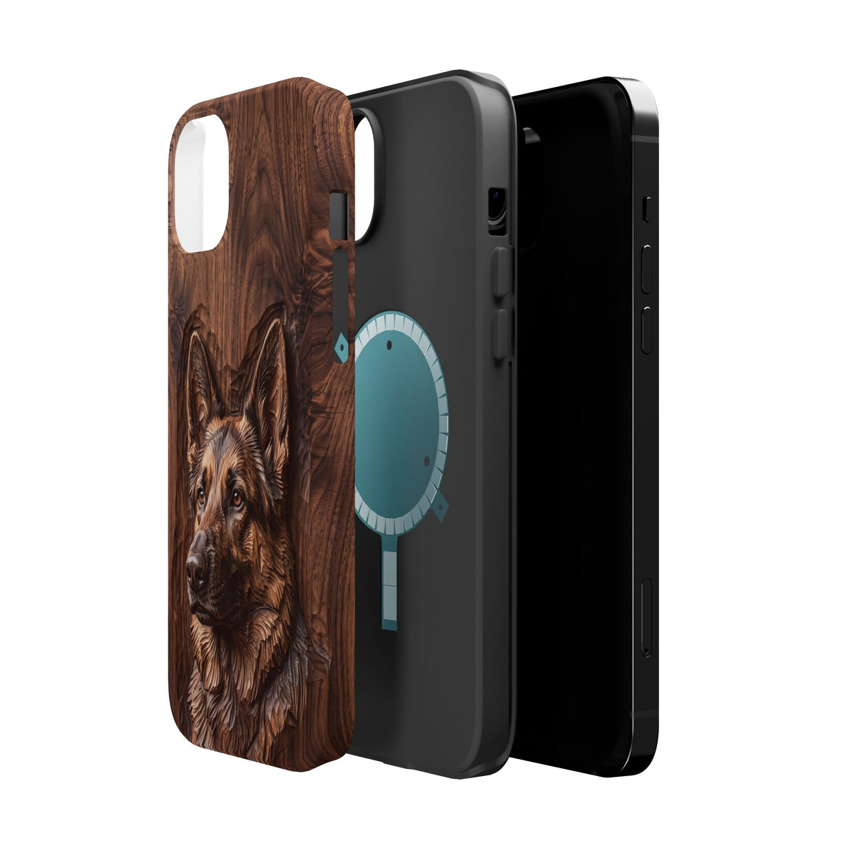 German Shepherd Phone Case | Carved Walnut Art — Tough Magnetic Case with Wireless Charging