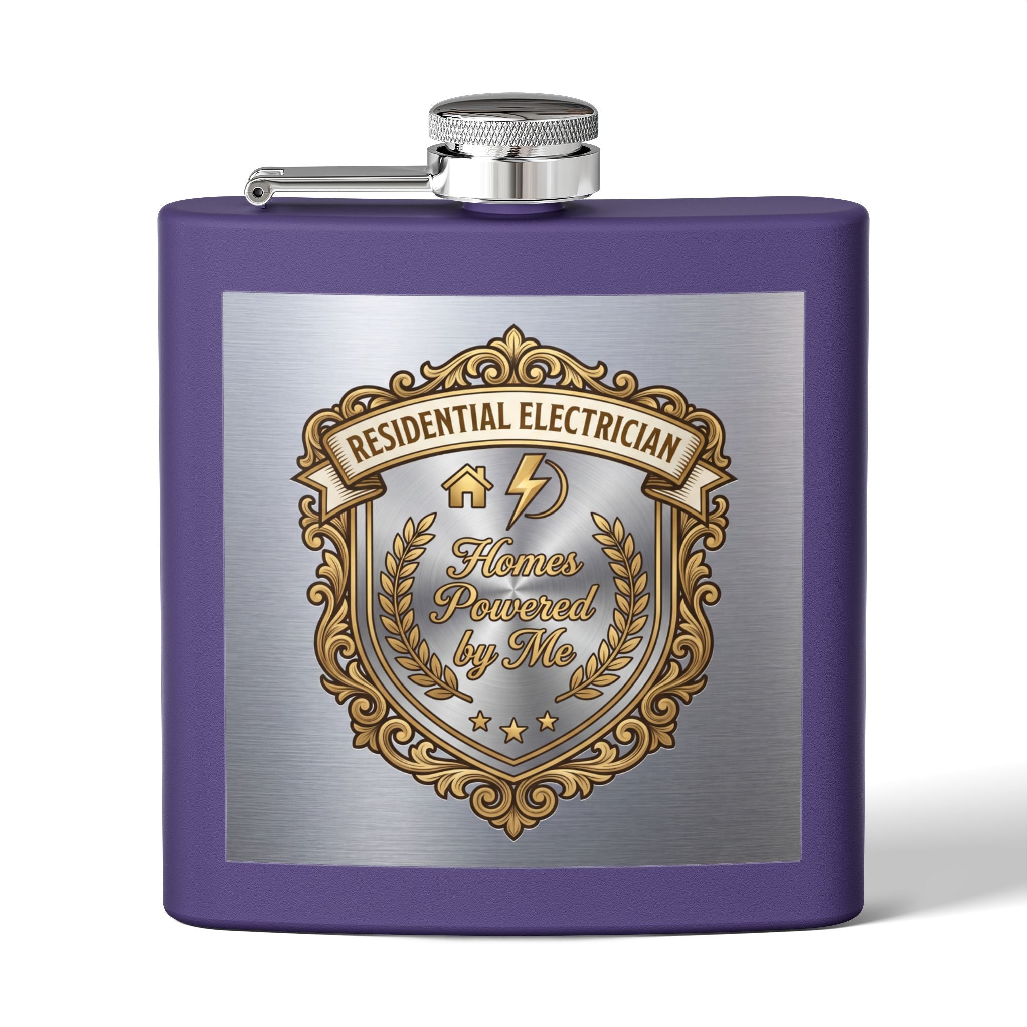 Flask — "Residential Electrician: Homes Powered by Me" (Crest Edition) 6oz Stainless Steel Hip Flask