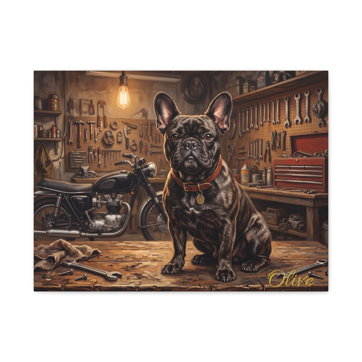 French Bulldog Personalized Canvas | Brindle Frenchie Vintage Mechanic Garage Wall Art