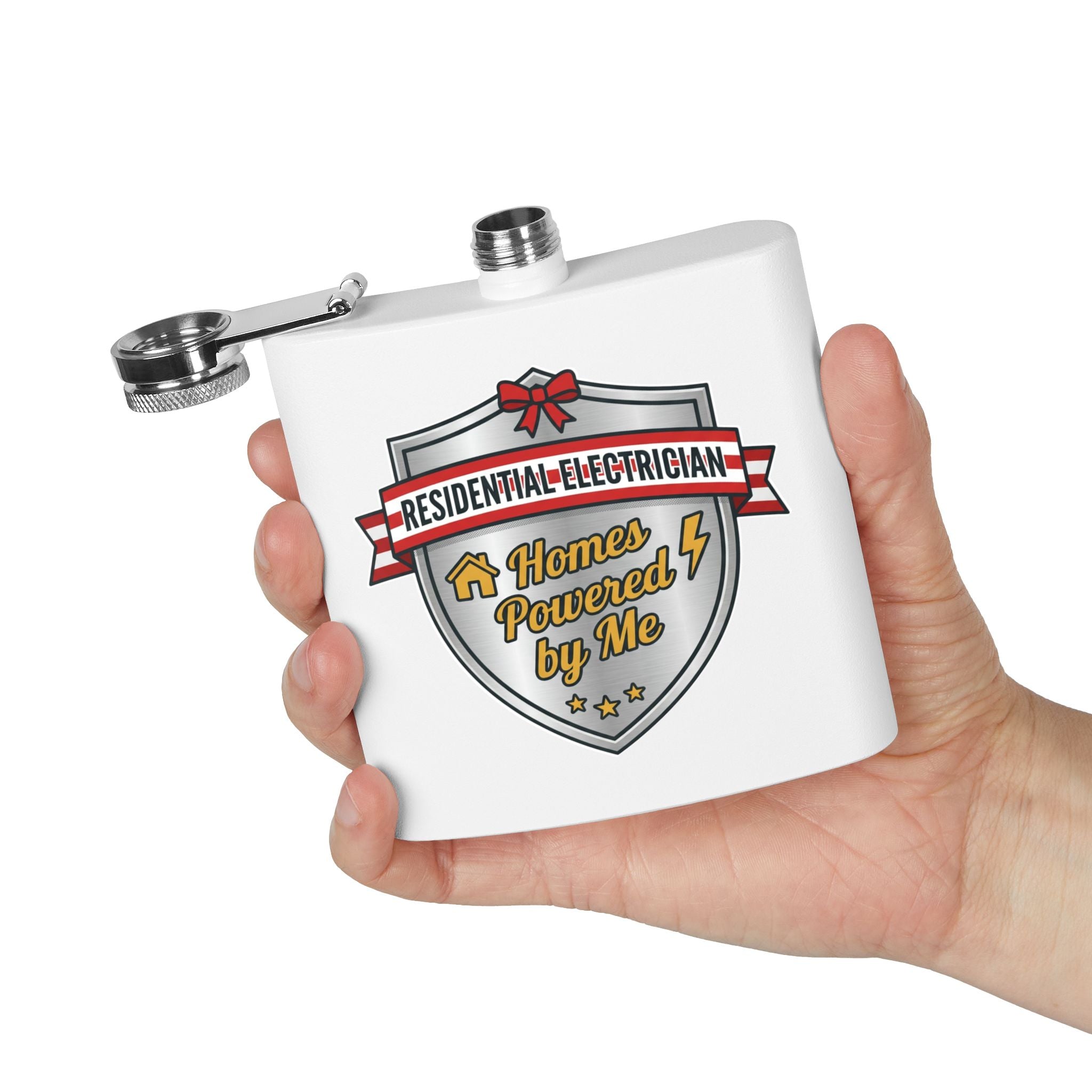 Flask — "Residential Electrician: Homes Powered by Me" (Shield Badge) 6oz Stainless Steel Hip Flask