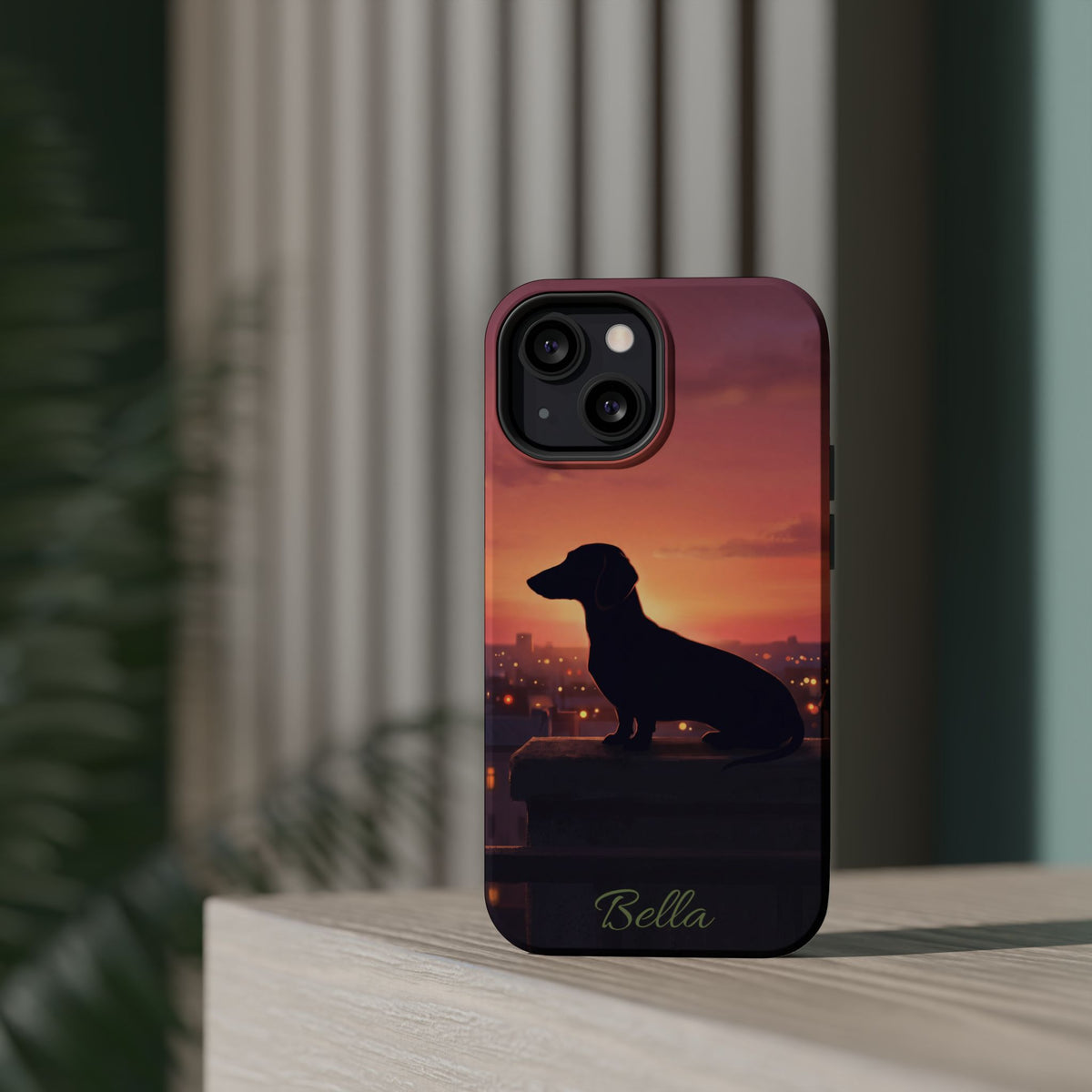 Personalized Dachshund Rooftop Sunset Phone Case — Wireless Charging Cover