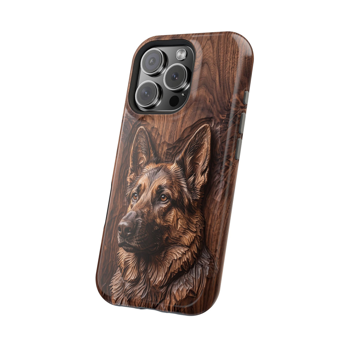 German Shepherd Phone Case | Carved Walnut Art — Tough Magnetic Case with Wireless Charging