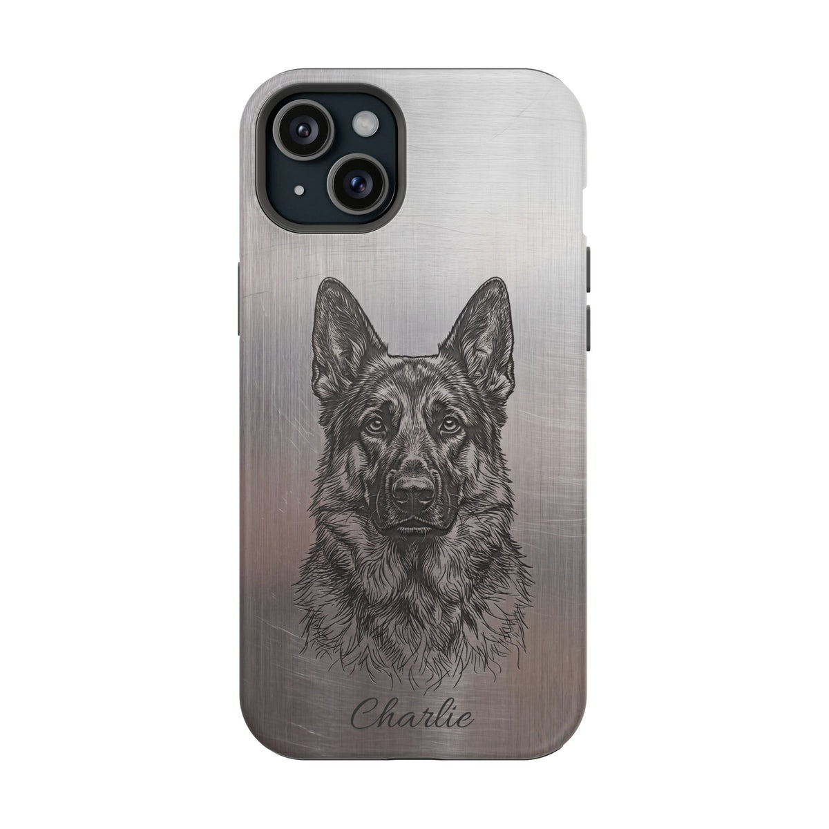 German Shepherd Phone Case | Personalized Etched Silver Art — Tough Magnetic Case with Wireless Charging