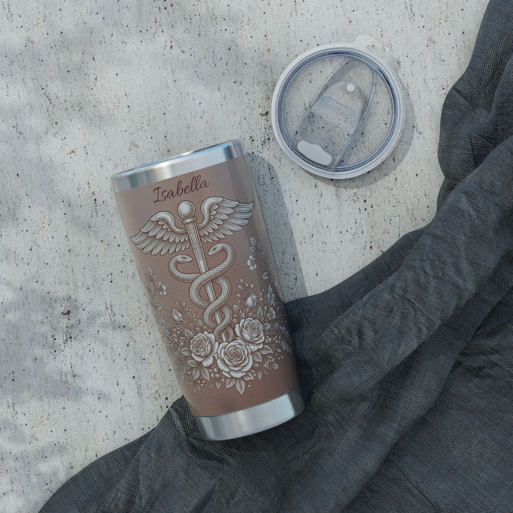 Personalized Caduceus Tumbler – Custom Name Rose Gold Floral Design 20 oz