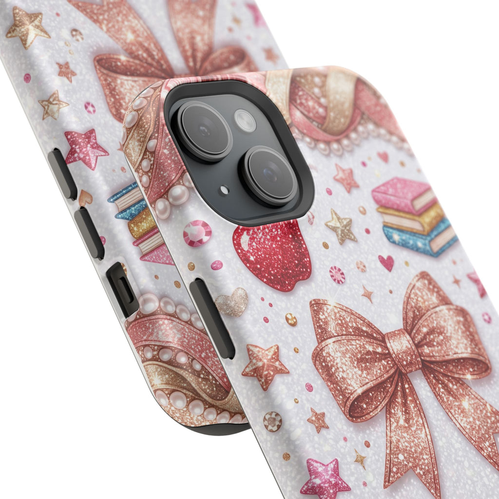 Rose Gold Glitter Bow Personalized Teacher Phone Case — Wireless Charging Cover