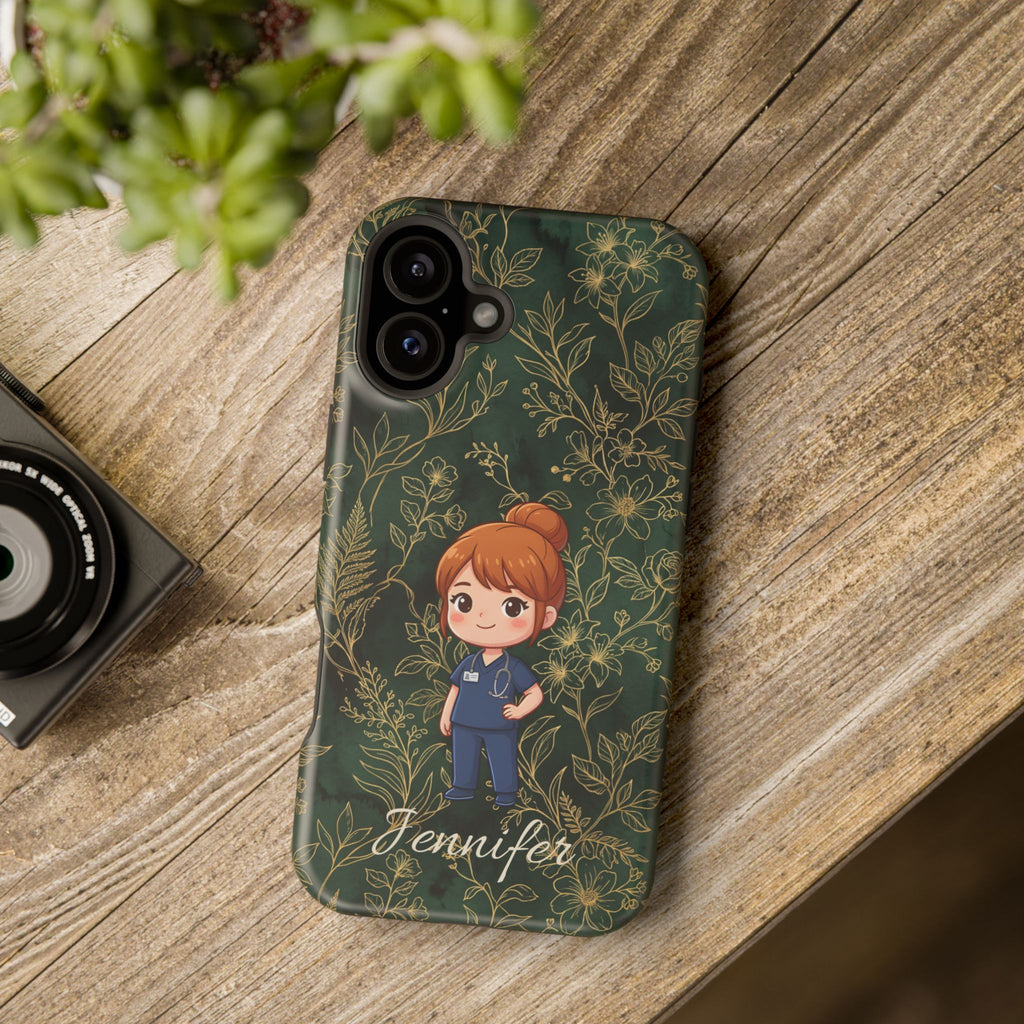 Personalized Nurse Botanical Phone Case — Impact-Resistant Wireless Charging Cover