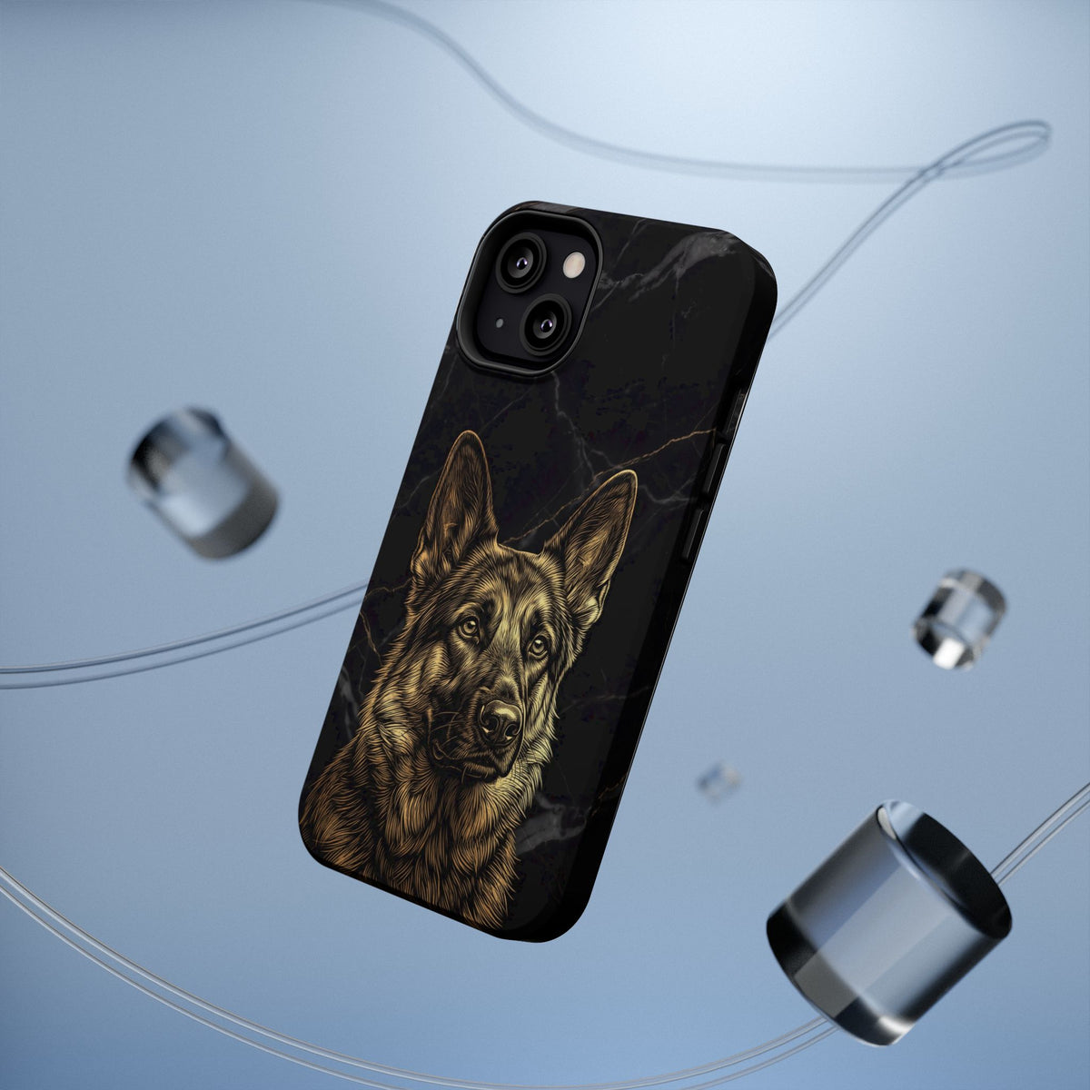 German Shepherd Phone Case | Black Marble Gold Sketch Art — Tough Magnetic Case with Wireless Charging