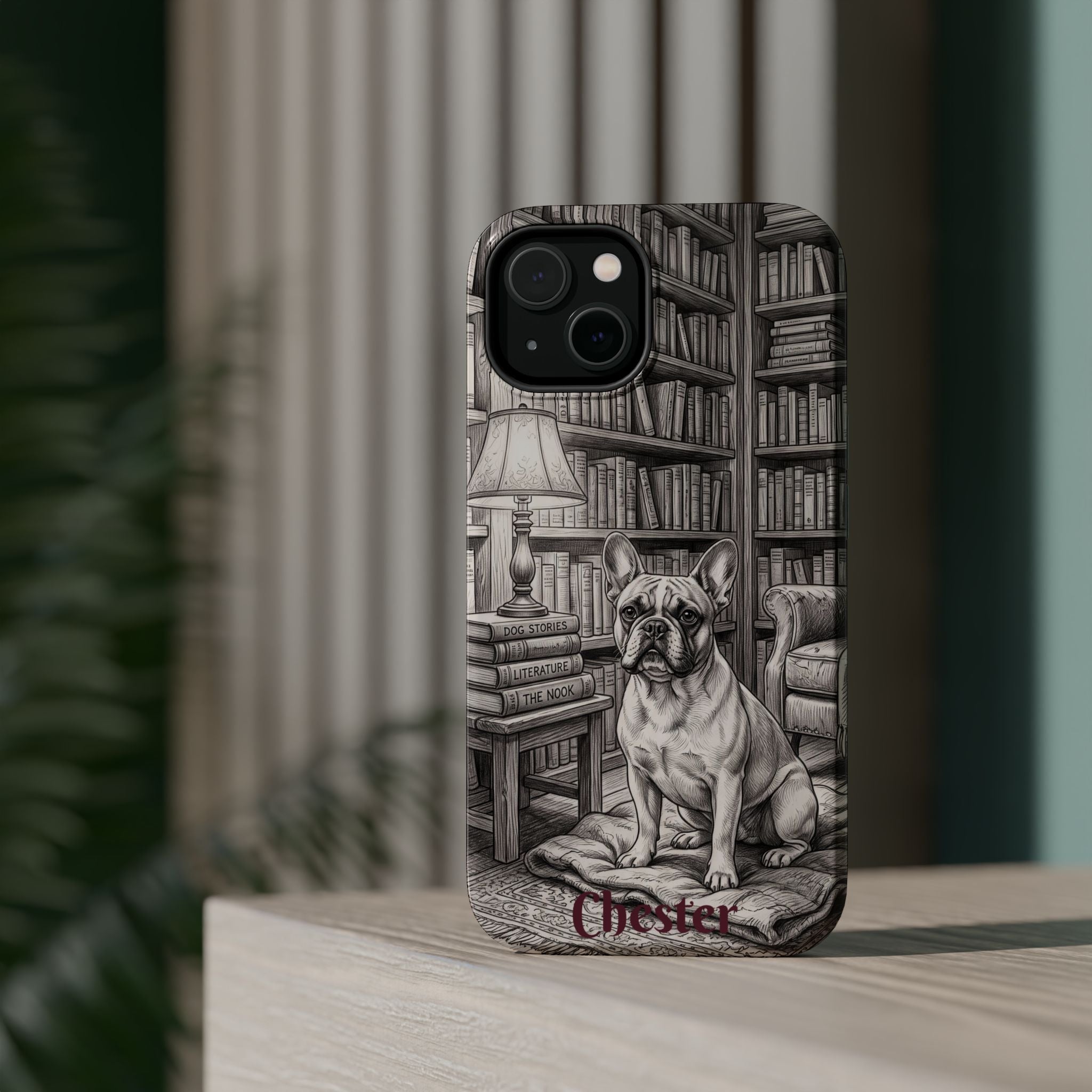 Personalized French Bulldog Library Study Phone Case — Wireless Charging Cover