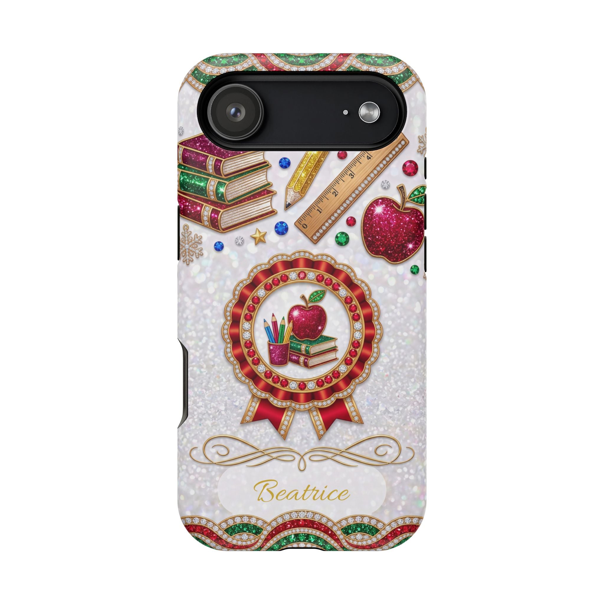 Jeweled Apple Medallion Personalized Teacher Phone Case — Wireless Charging Cover