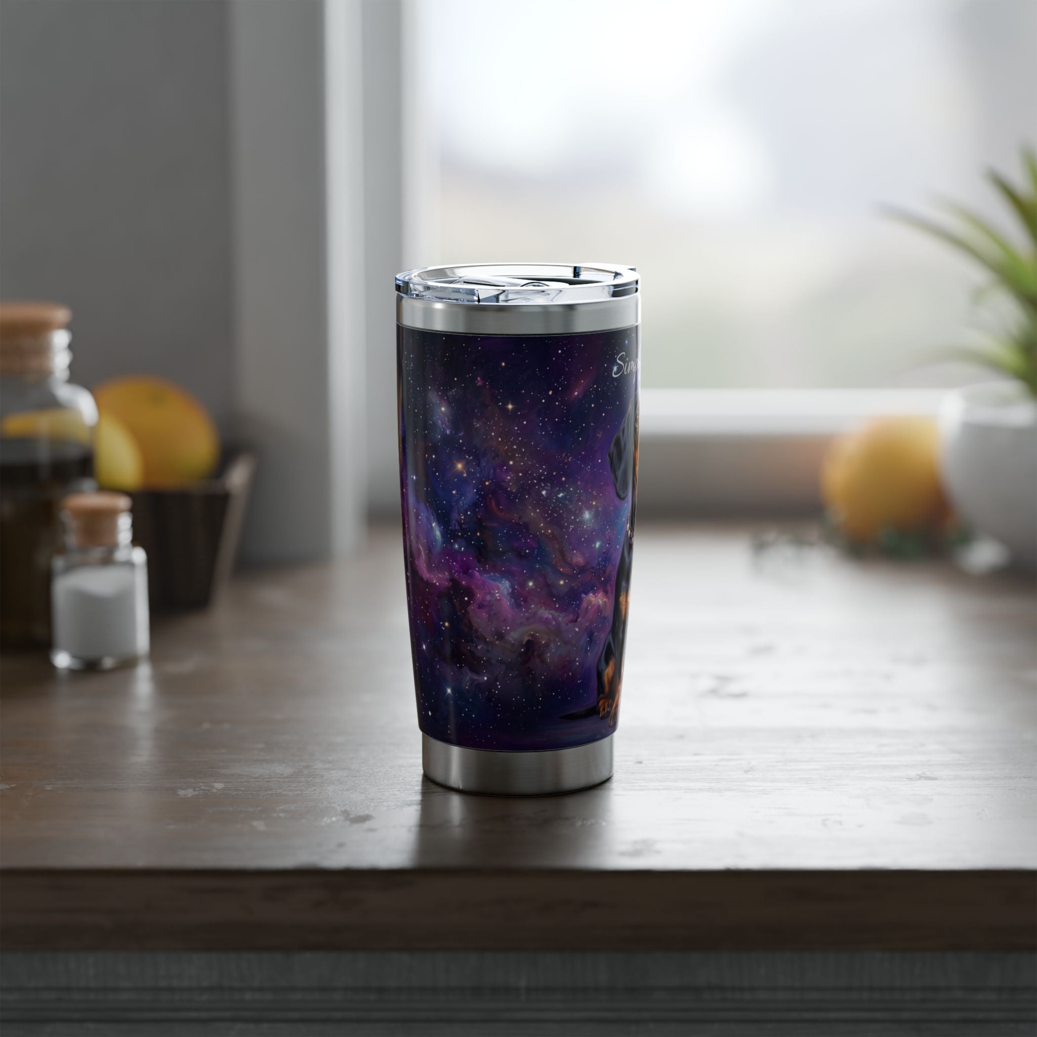 Dachshund Purple Galaxy Stainless Tumbler — 20oz Personalized Travel Mug with Black & Tan Cosmic Design