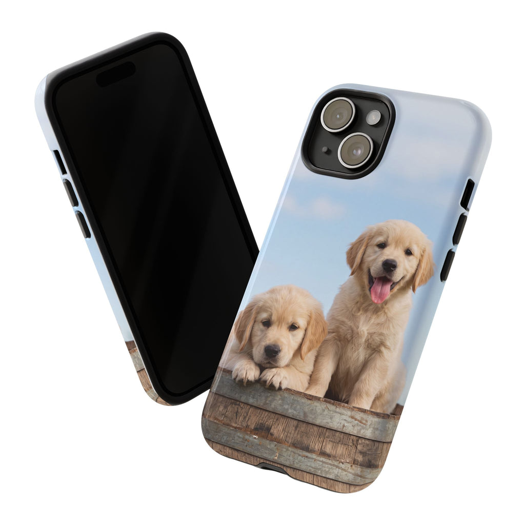Golden Retriever Puppies on Barrel Phone Case | Cute Duo Under Blue Sky | iPhone & Samsung