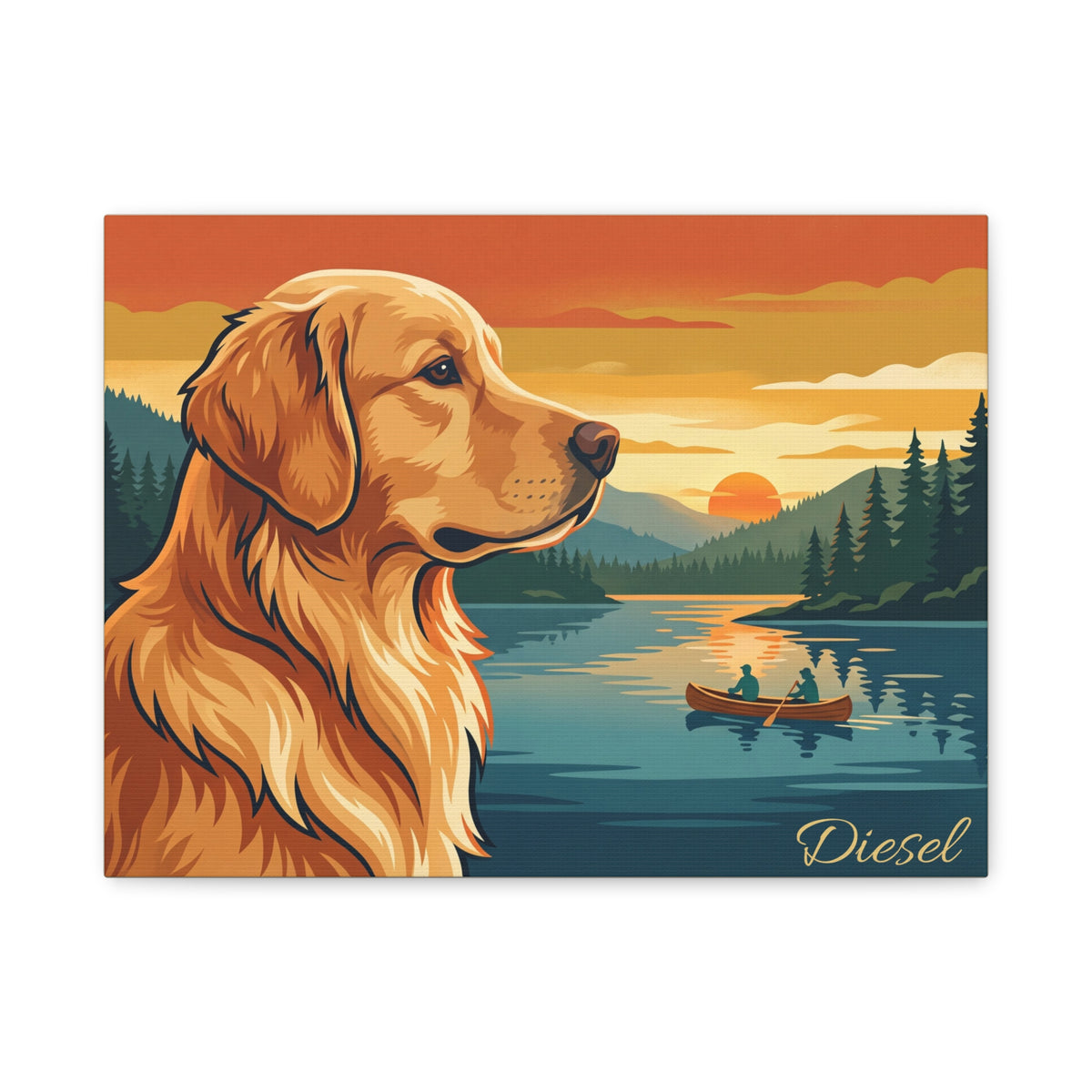 Golden Retriever Personalized Canvas | Retro Lake Sunset Wall Art