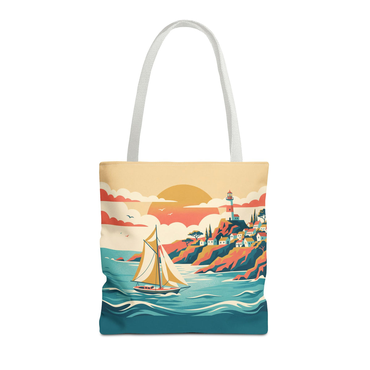 Coastal Lighthouse Sailboat Tote Bag – Retro Seaside Sunset Beach Bag