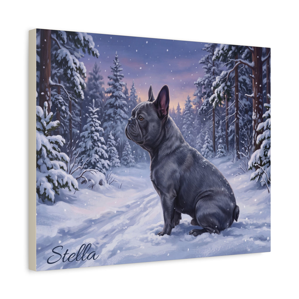 French Bulldog Personalized Canvas | Twilight Snowy Pine Forest Wall Art