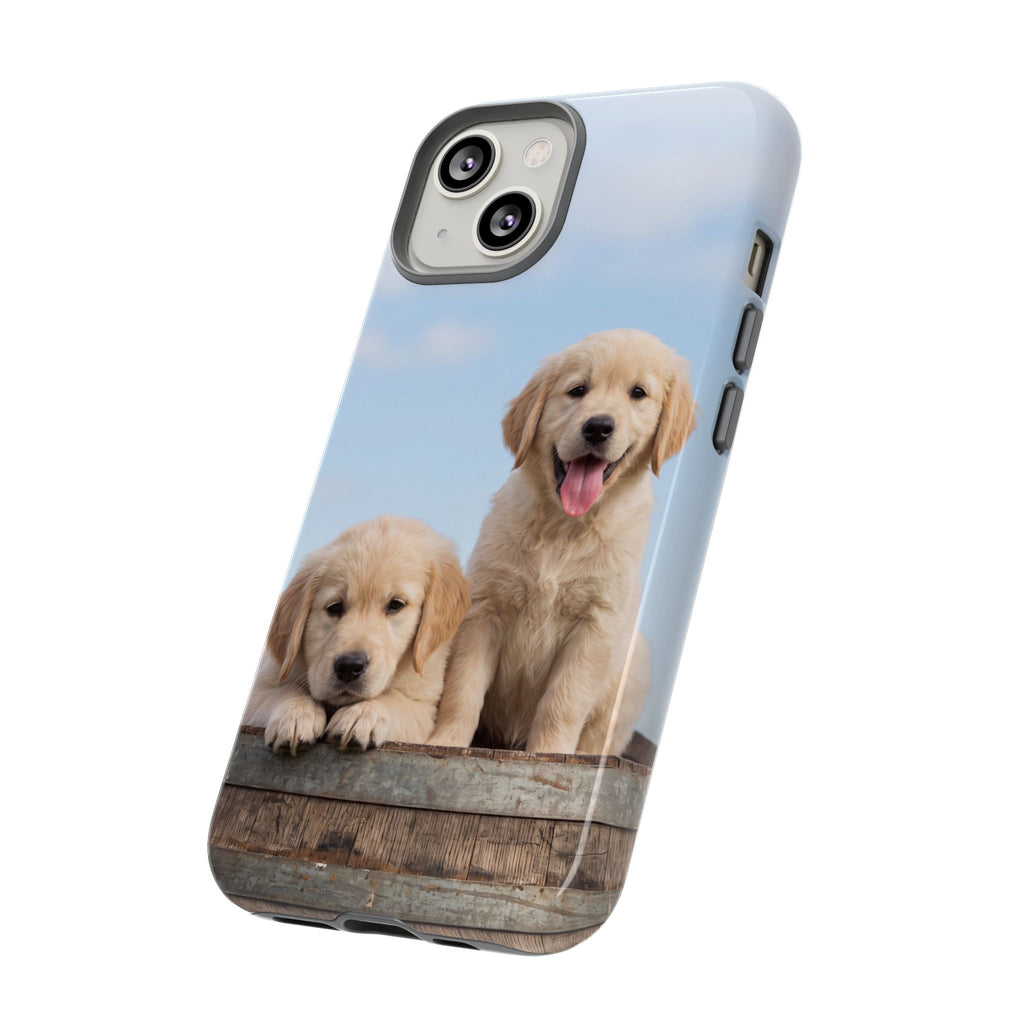 Golden Retriever Puppies on Barrel Phone Case | Cute Duo Under Blue Sky | iPhone & Samsung