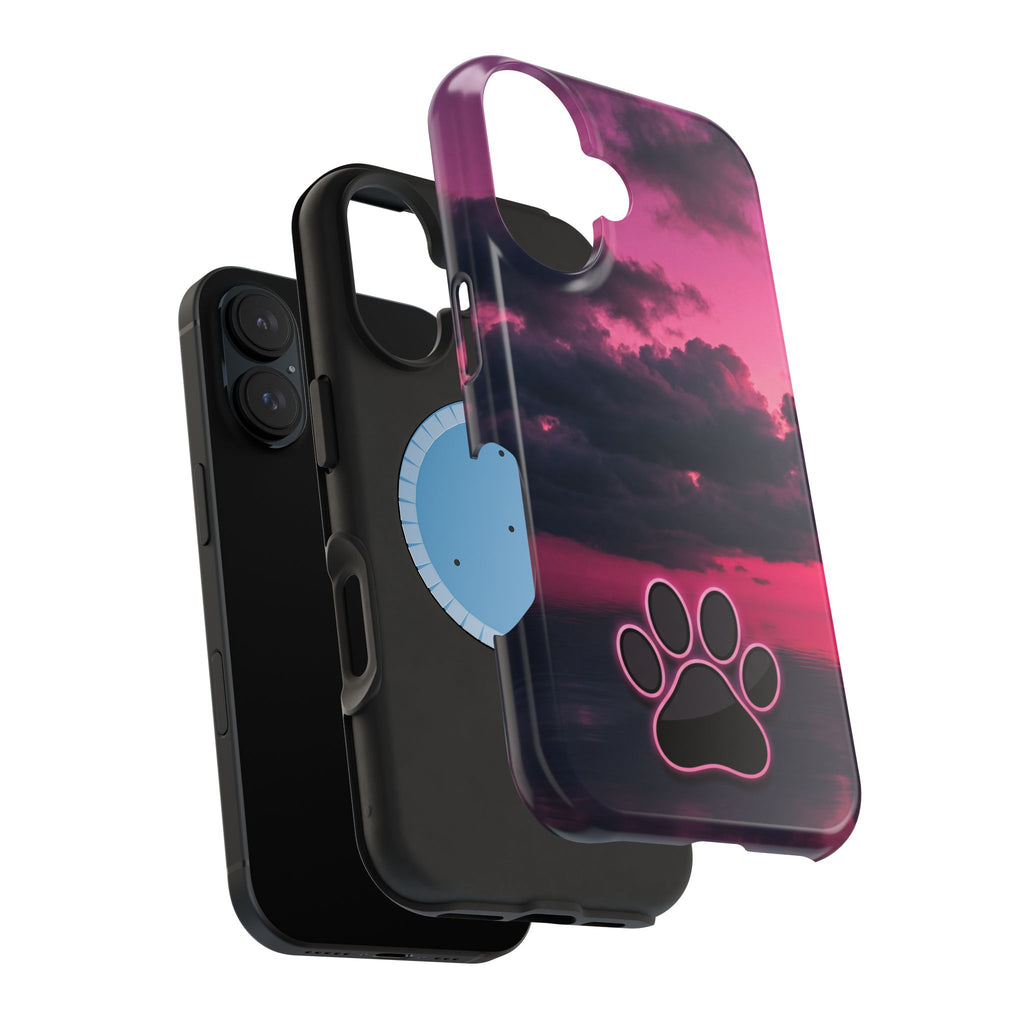 iPhone & Samsung Magnetic Impact-Resistant Phone Case — Pink Twilight Cloud with Paw Print
