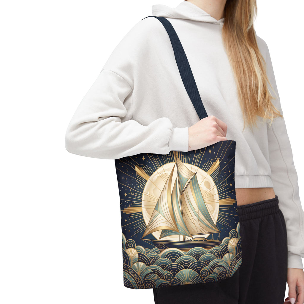 Art Deco Moonlit Sailboat Tote Bag – Starry Night Nautical Beach Bag