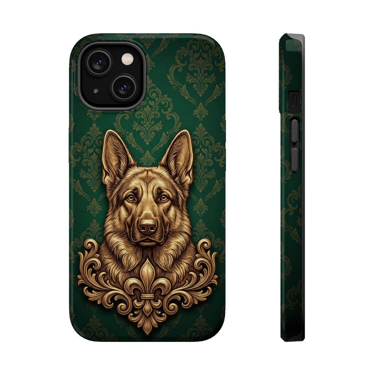 German Shepherd Phone Case | Emerald Baroque Gold Art — Tough Magnetic Case with Wireless Charging