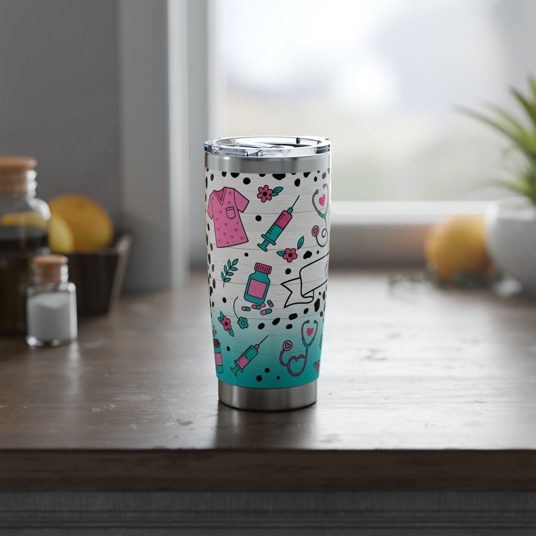 Personalized Nurse Tumbler – Custom Name Dalmatian Print Teal 20 oz