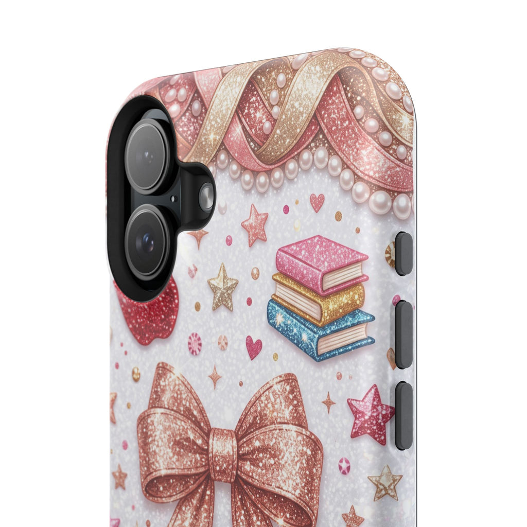 Rose Gold Glitter Bow Personalized Teacher Phone Case — Wireless Charging Cover