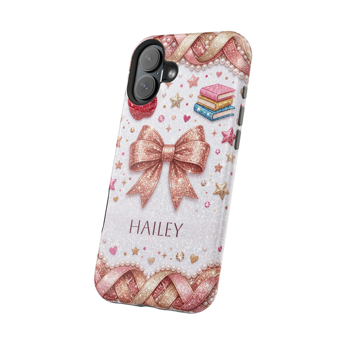 Rose Gold Glitter Bow Personalized Teacher Phone Case — Wireless Charging Cover