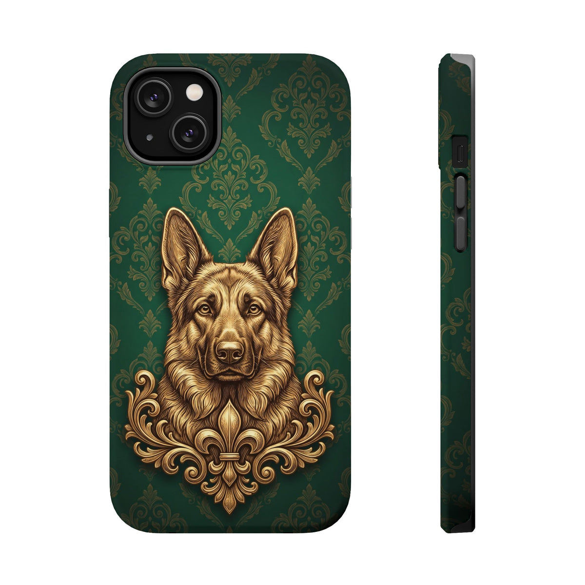 German Shepherd Phone Case | Emerald Baroque Gold Art — Tough Magnetic Case with Wireless Charging