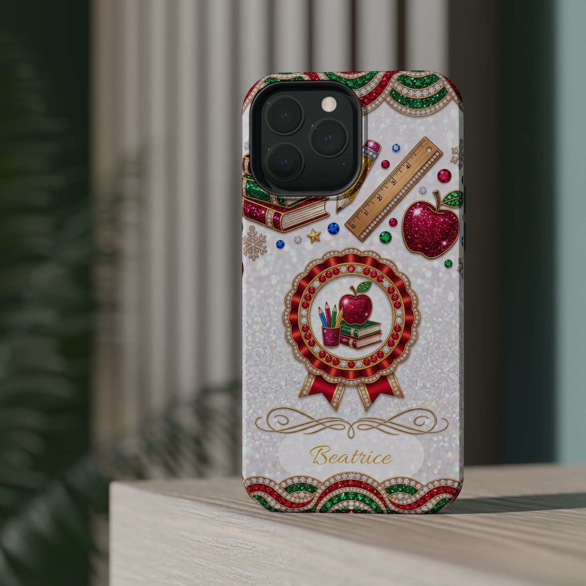Jeweled Apple Medallion Personalized Teacher Phone Case — Wireless Charging Cover