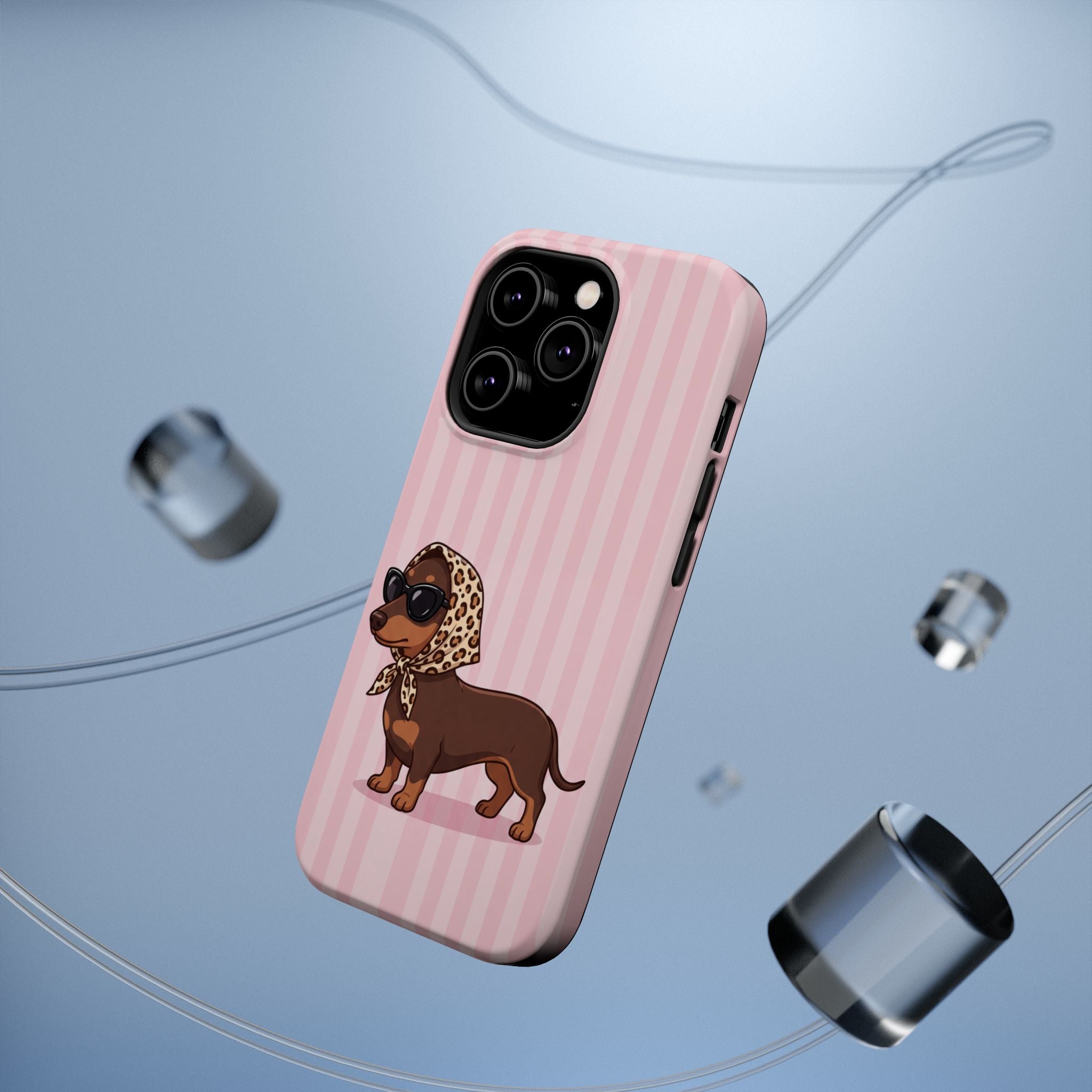 Glam Dachshund Phone Case | Cute Sausage Dog in Leopard Scarf & Sunglasses | Pink Stripe Case for iPhone & Samsung
