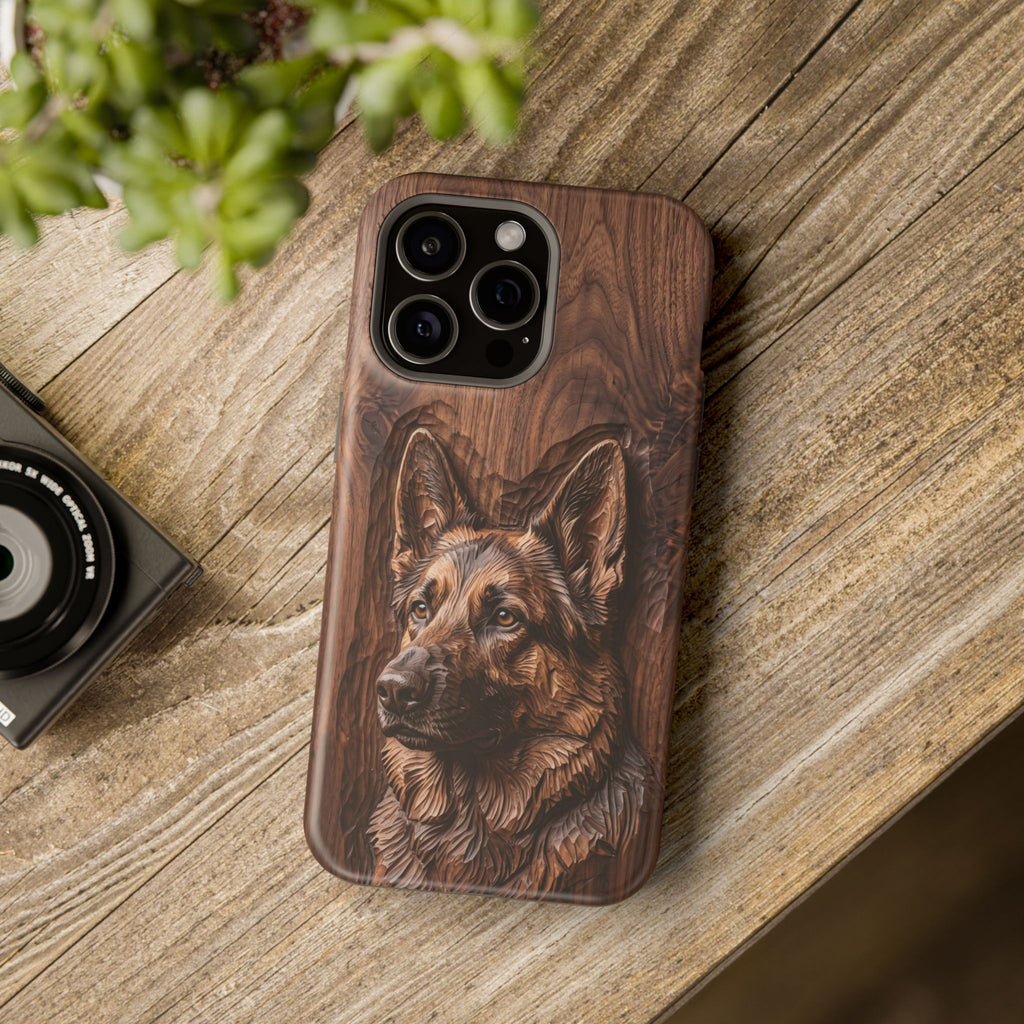 German Shepherd Phone Case | Carved Walnut Art — Tough Magnetic Case with Wireless Charging