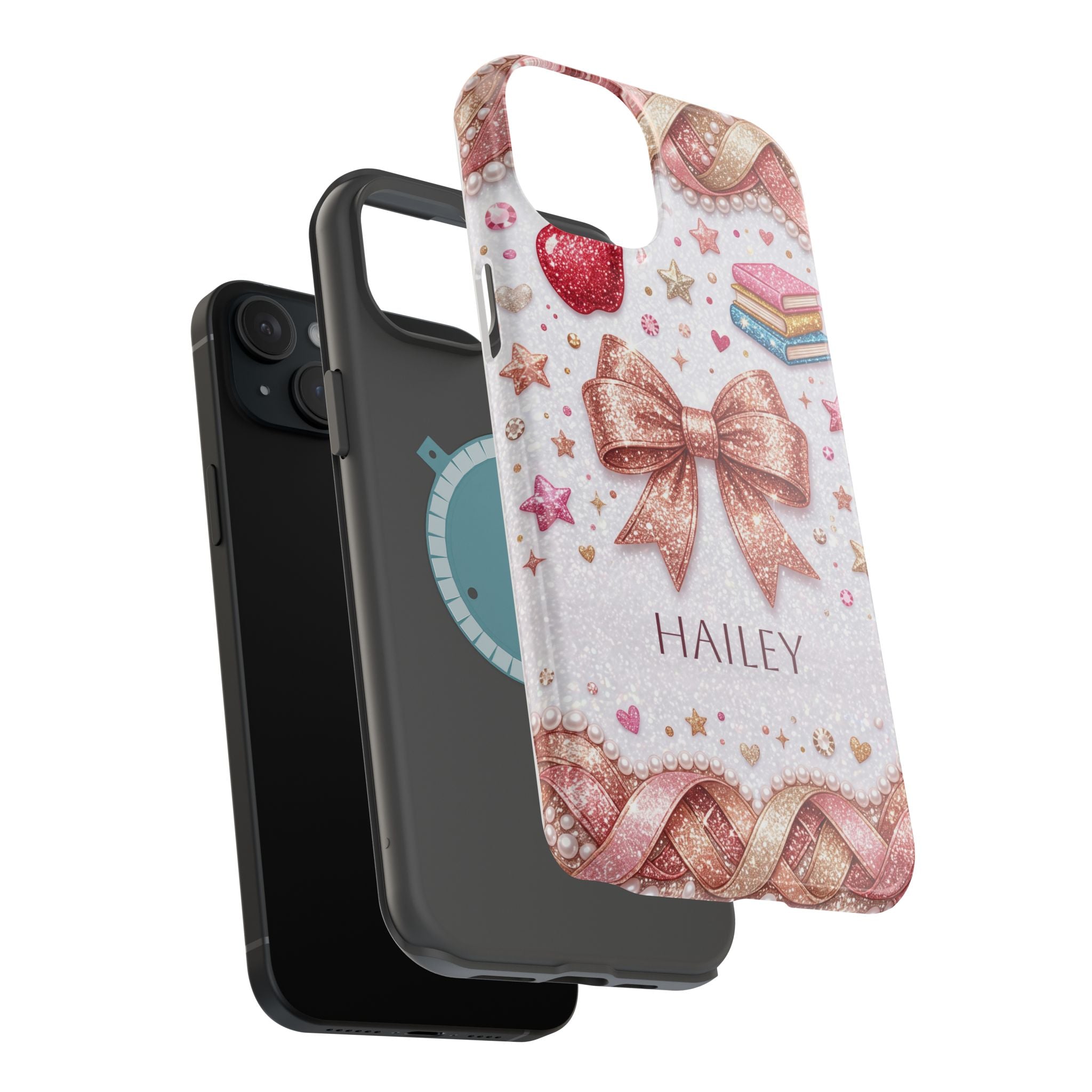 Rose Gold Glitter Bow Personalized Teacher Phone Case — Wireless Charging Cover