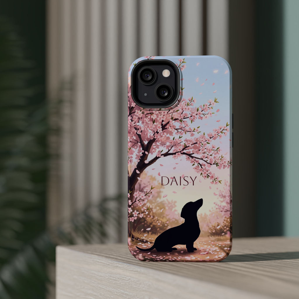 Personalized Dachshund Cherry Blossom Phone Case — Wireless Charging Cover