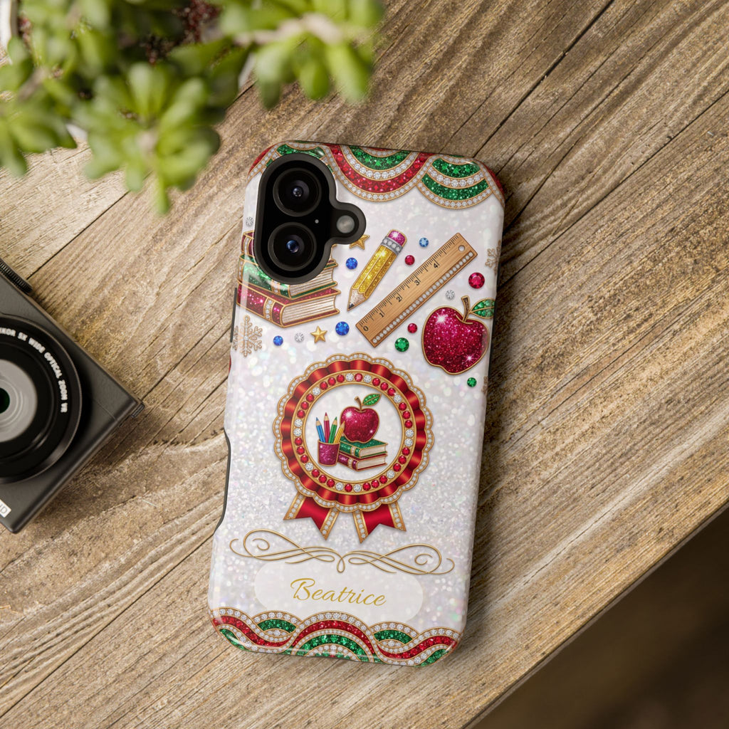 Jeweled Apple Medallion Personalized Teacher Phone Case — Wireless Charging Cover