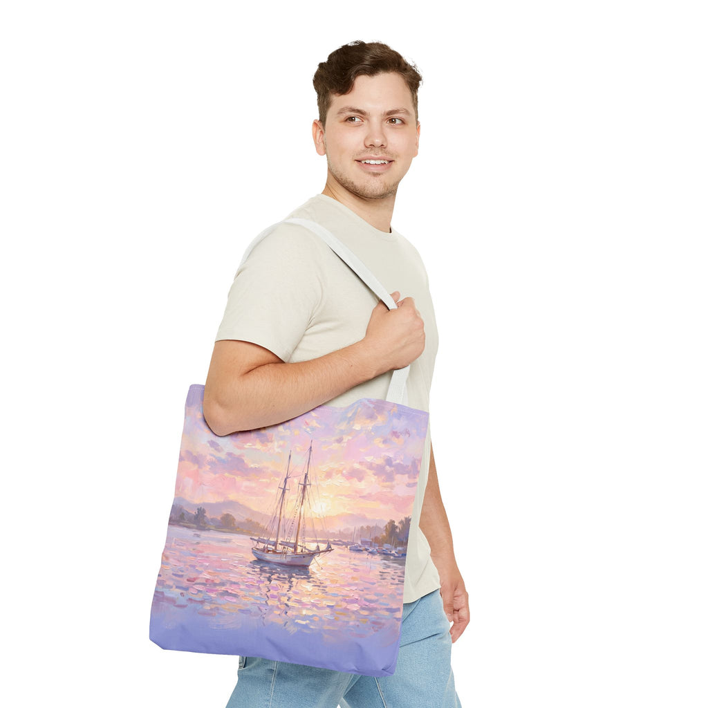 Pastel Sailboat Tote Bag – Impressionist Sunset Harbor Beach Bag