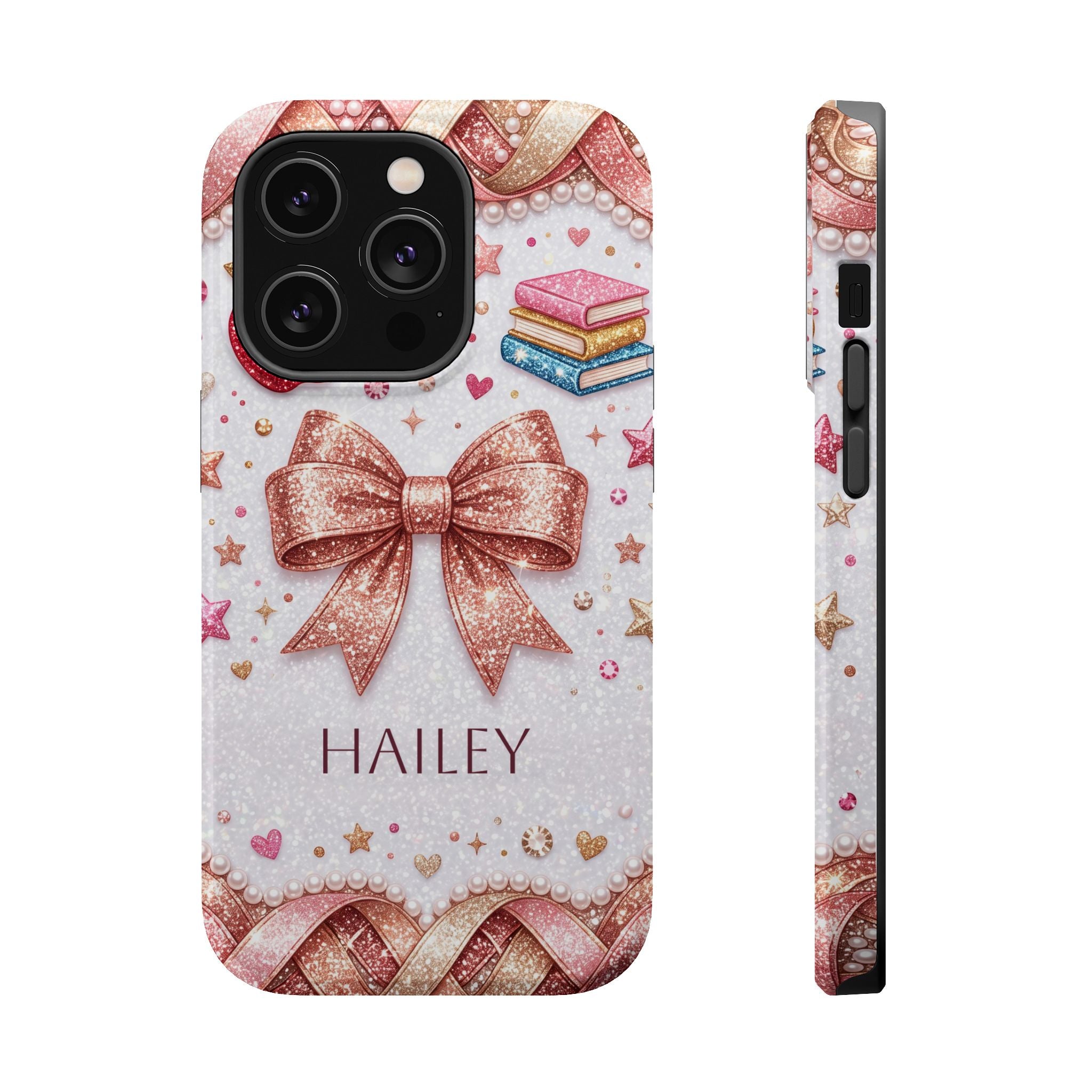 Rose Gold Glitter Bow Personalized Teacher Phone Case — Wireless Charging Cover