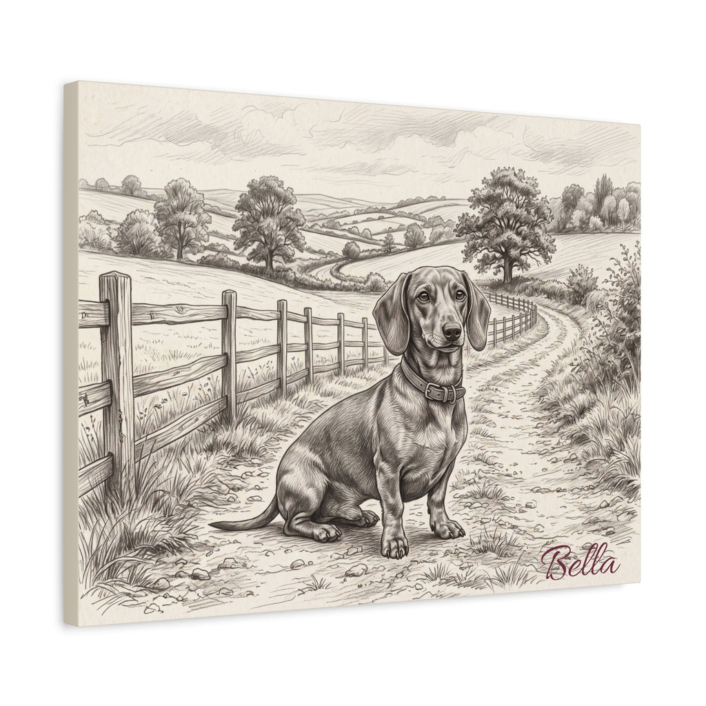 Dachshund Countryside Sketch Personalized Canvas | Rustic Farm Path Wall Art