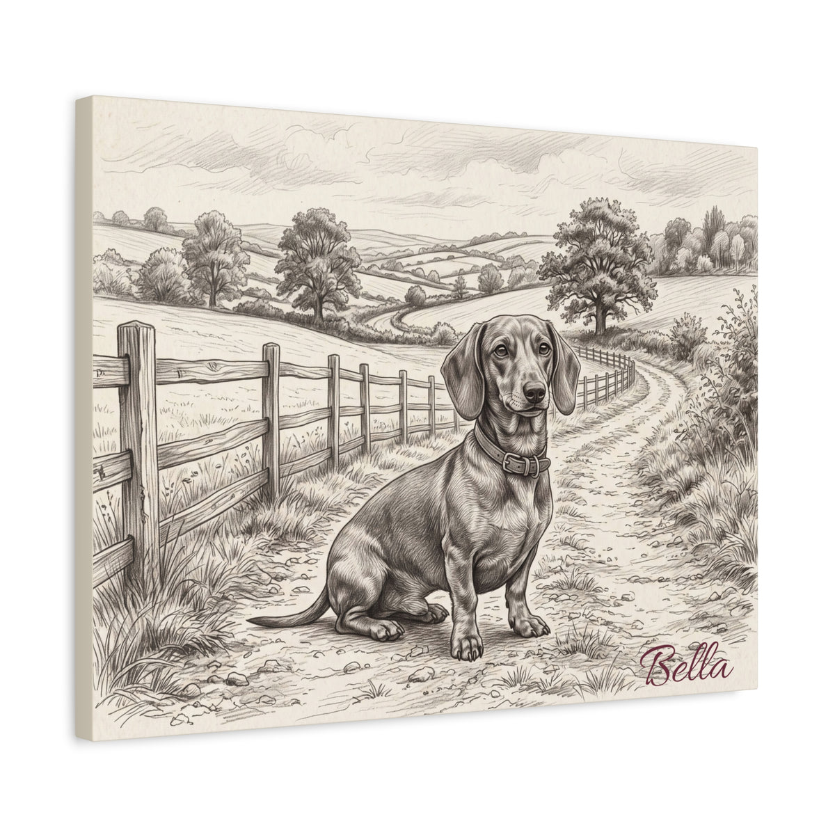 Dachshund Countryside Sketch Personalized Canvas | Rustic Farm Path Wall Art