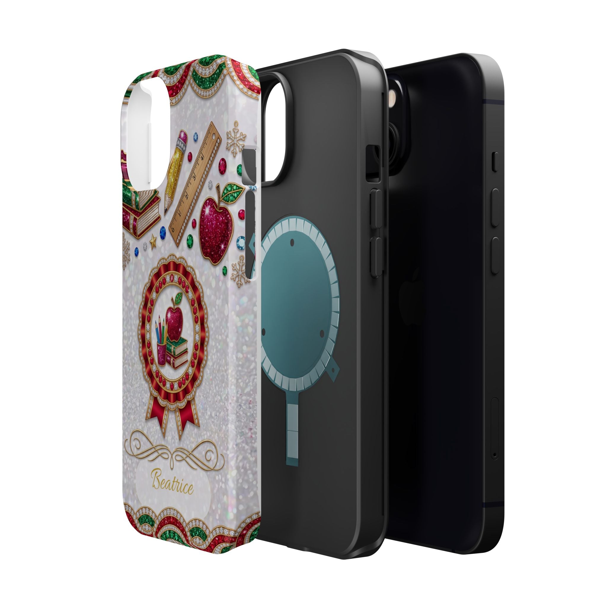 Jeweled Apple Medallion Personalized Teacher Phone Case — Wireless Charging Cover