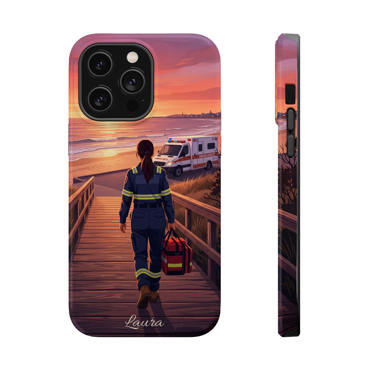 Sunset Boardwalk Personalized Paramedic Phone Case — Wireless Charging Cover