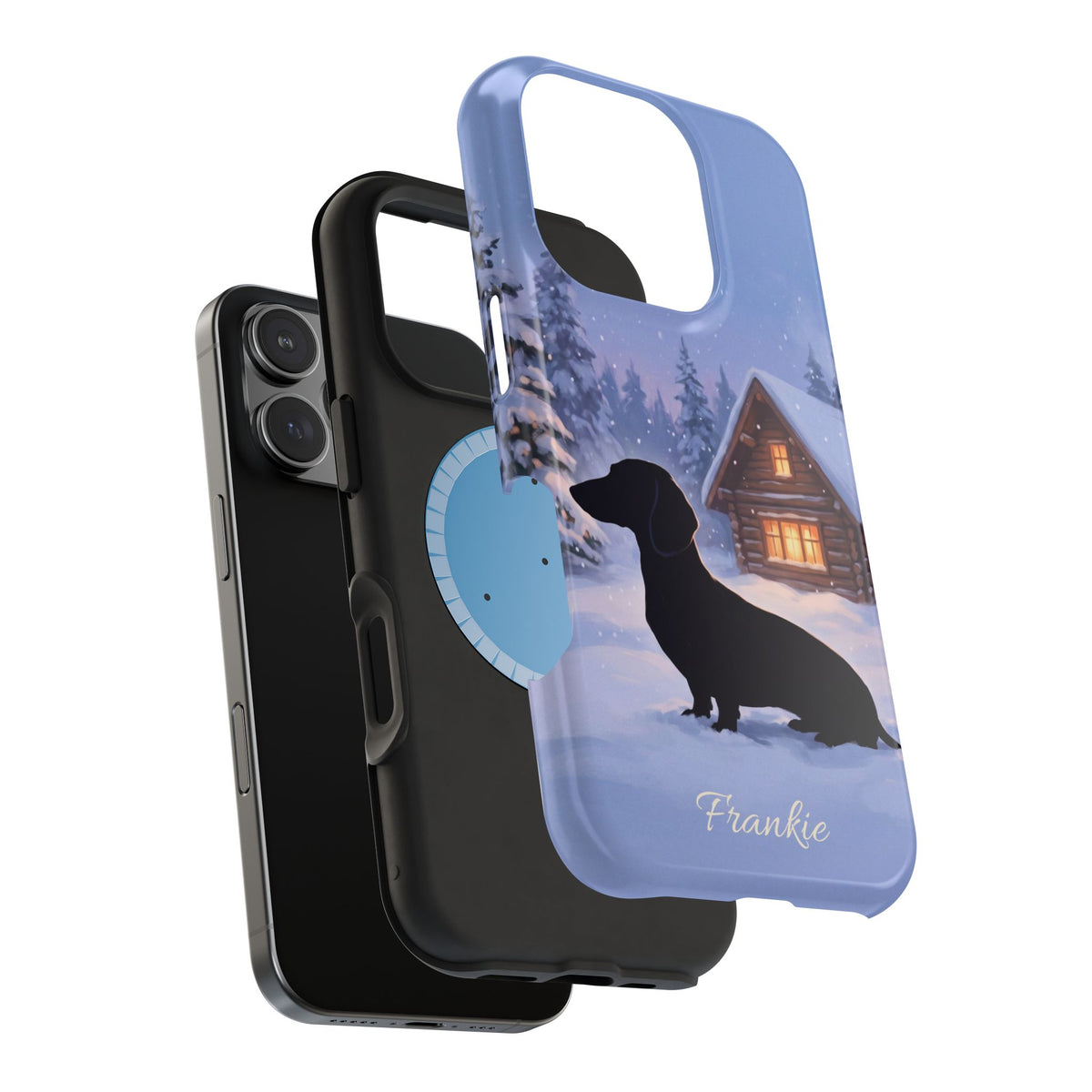 Personalized Dachshund Winter Cabin Phone Case — Wireless Charging Cover