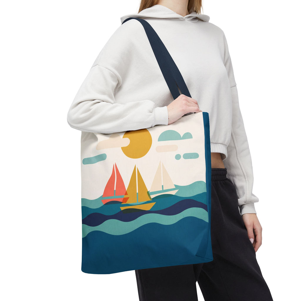 Minimalist Sailboat Tote Bag – Mid-Century Modern Ocean Waves Beach Bag
