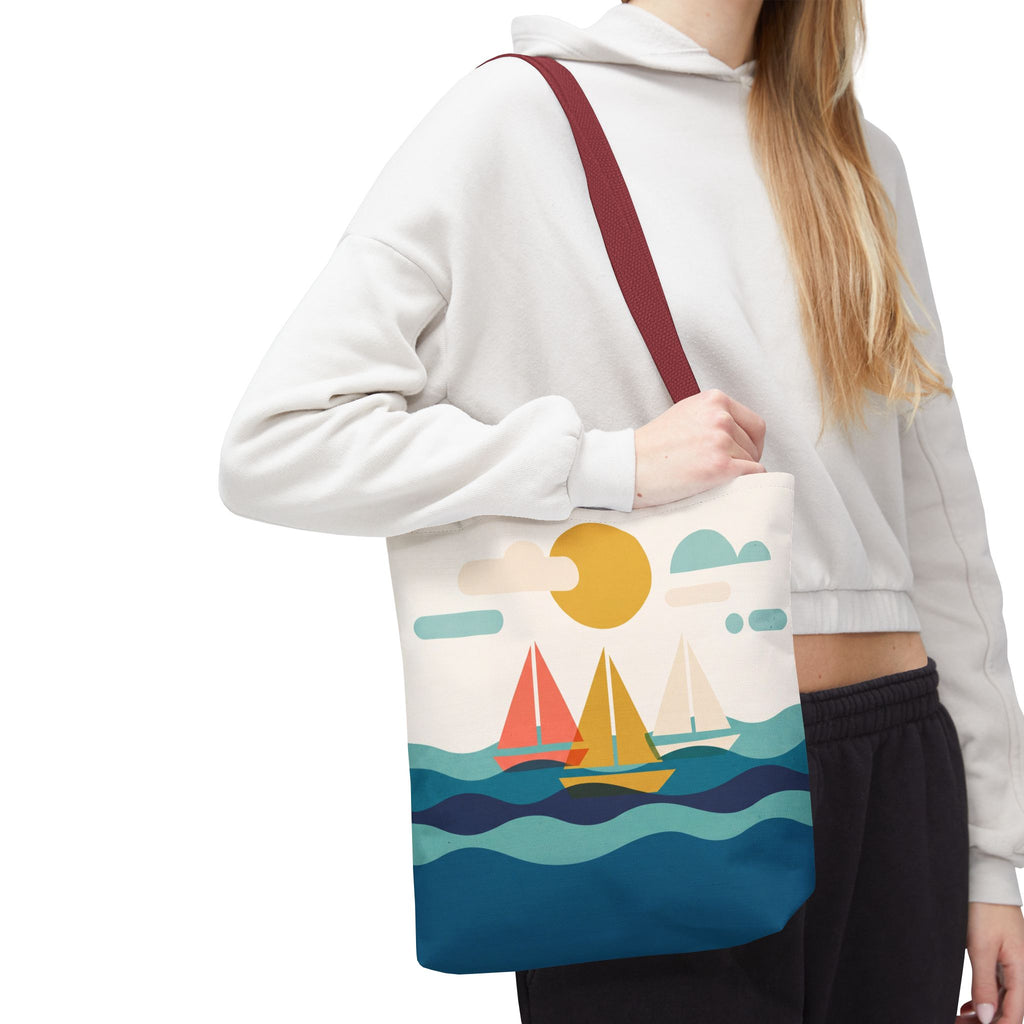 Minimalist Sailboat Tote Bag – Mid-Century Modern Ocean Waves Beach Bag