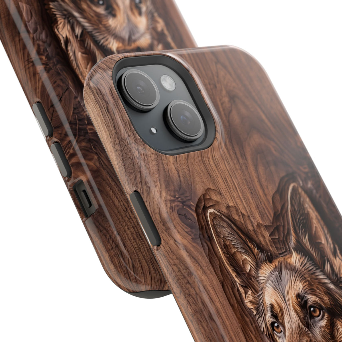 German Shepherd Phone Case | Carved Walnut Art — Tough Magnetic Case with Wireless Charging
