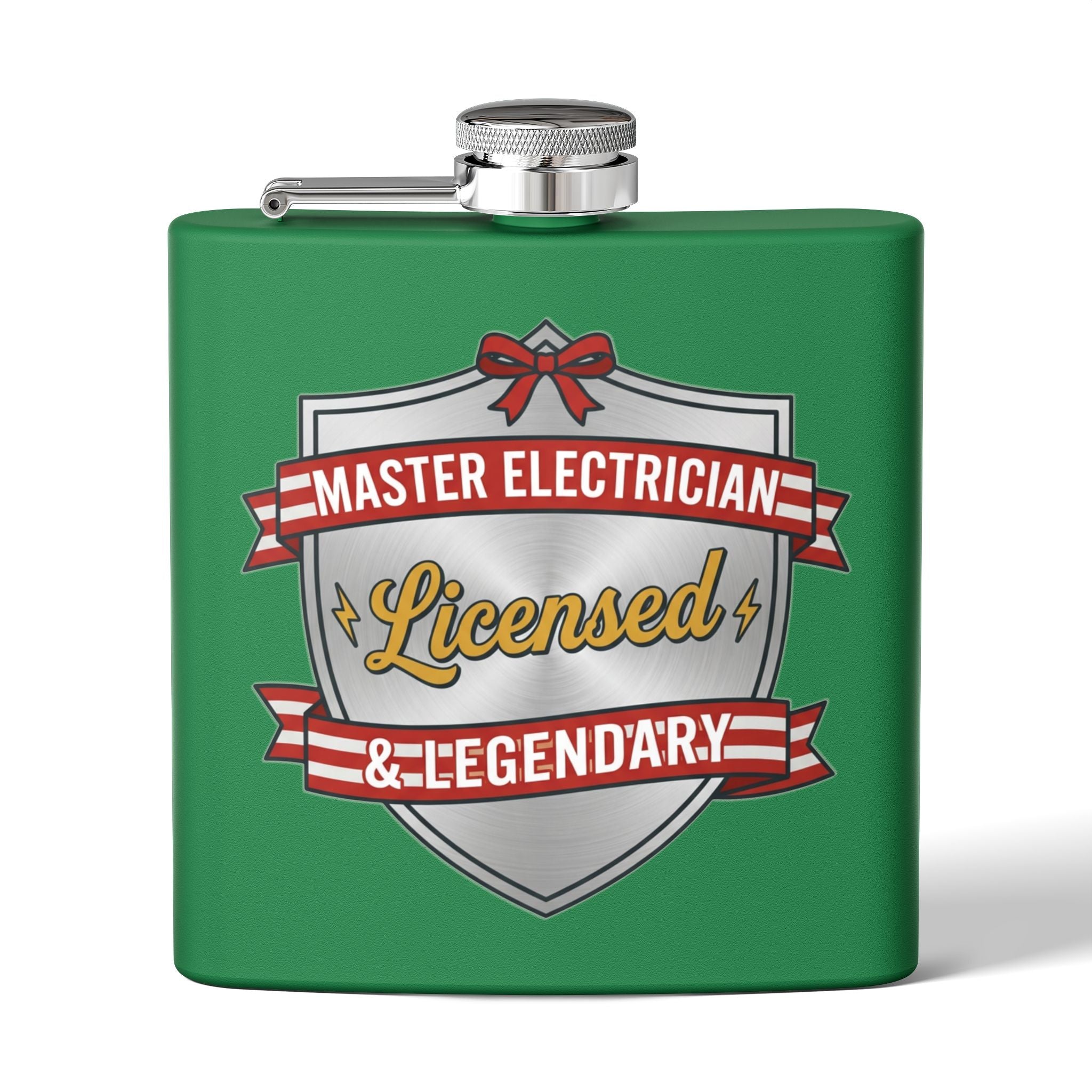 Flask — "Master Electrician: Licensed & Legendary" (Shield Badge) 6oz Stainless Steel Hip Flask