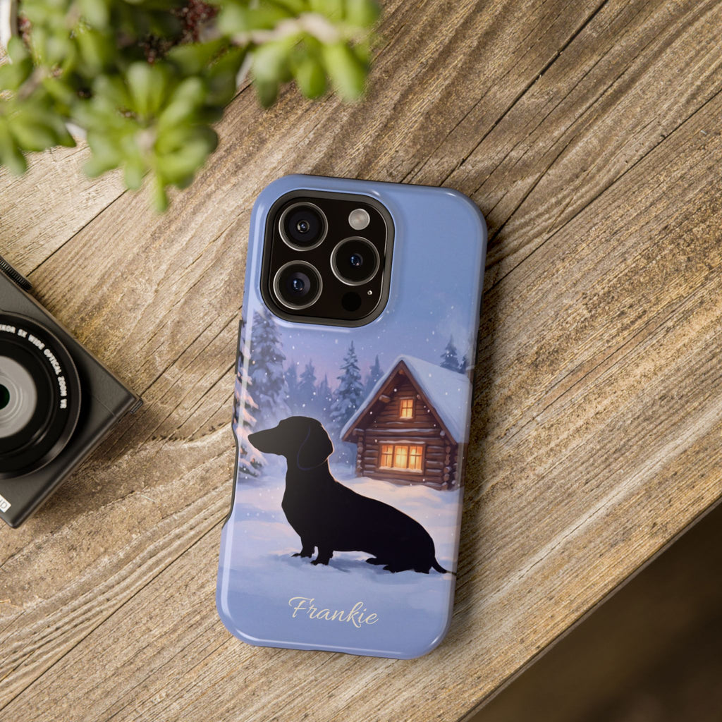 Personalized Dachshund Winter Cabin Phone Case — Wireless Charging Cover