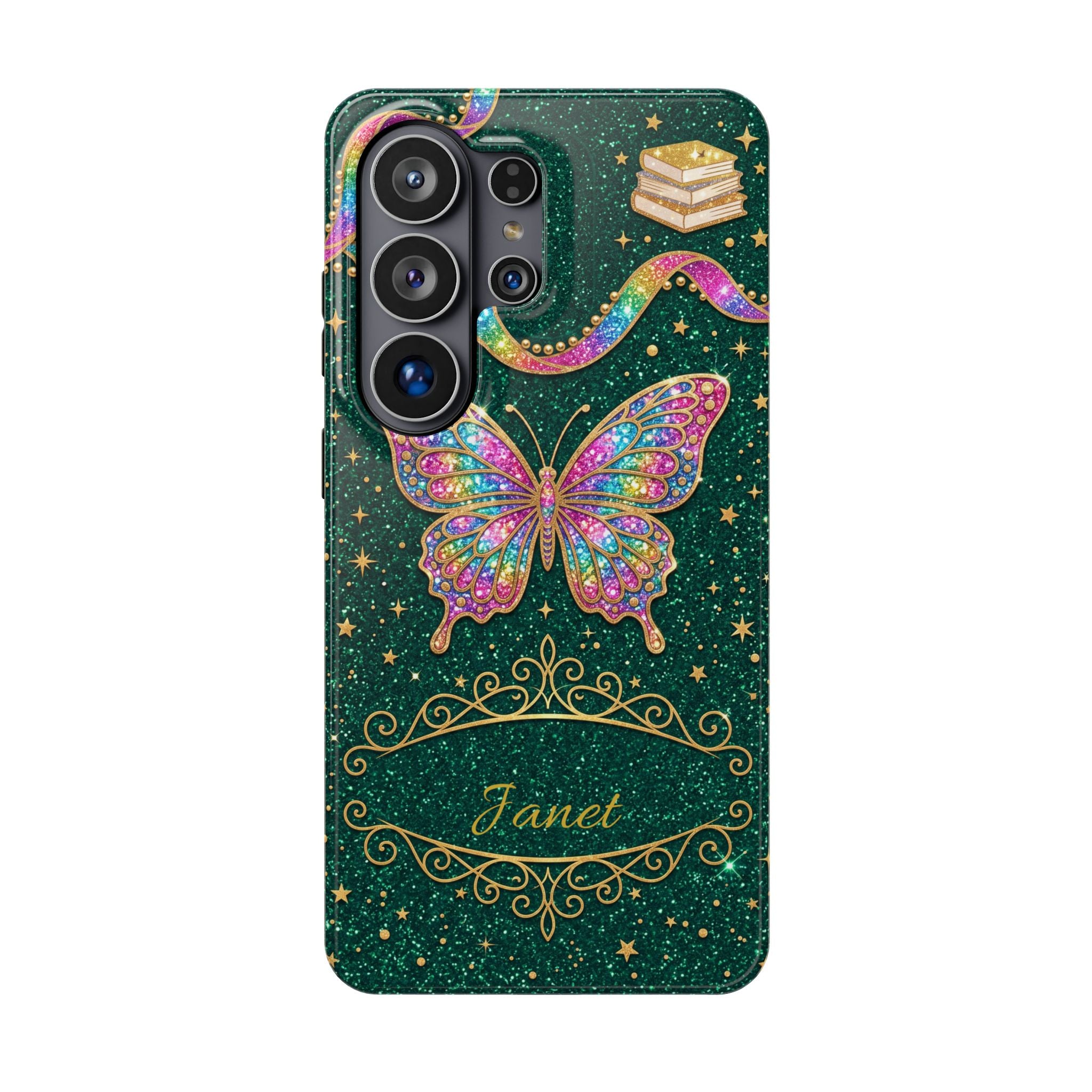 Rainbow Glitter Butterfly Personalized Teacher Phone Case — Wireless Charging Cover