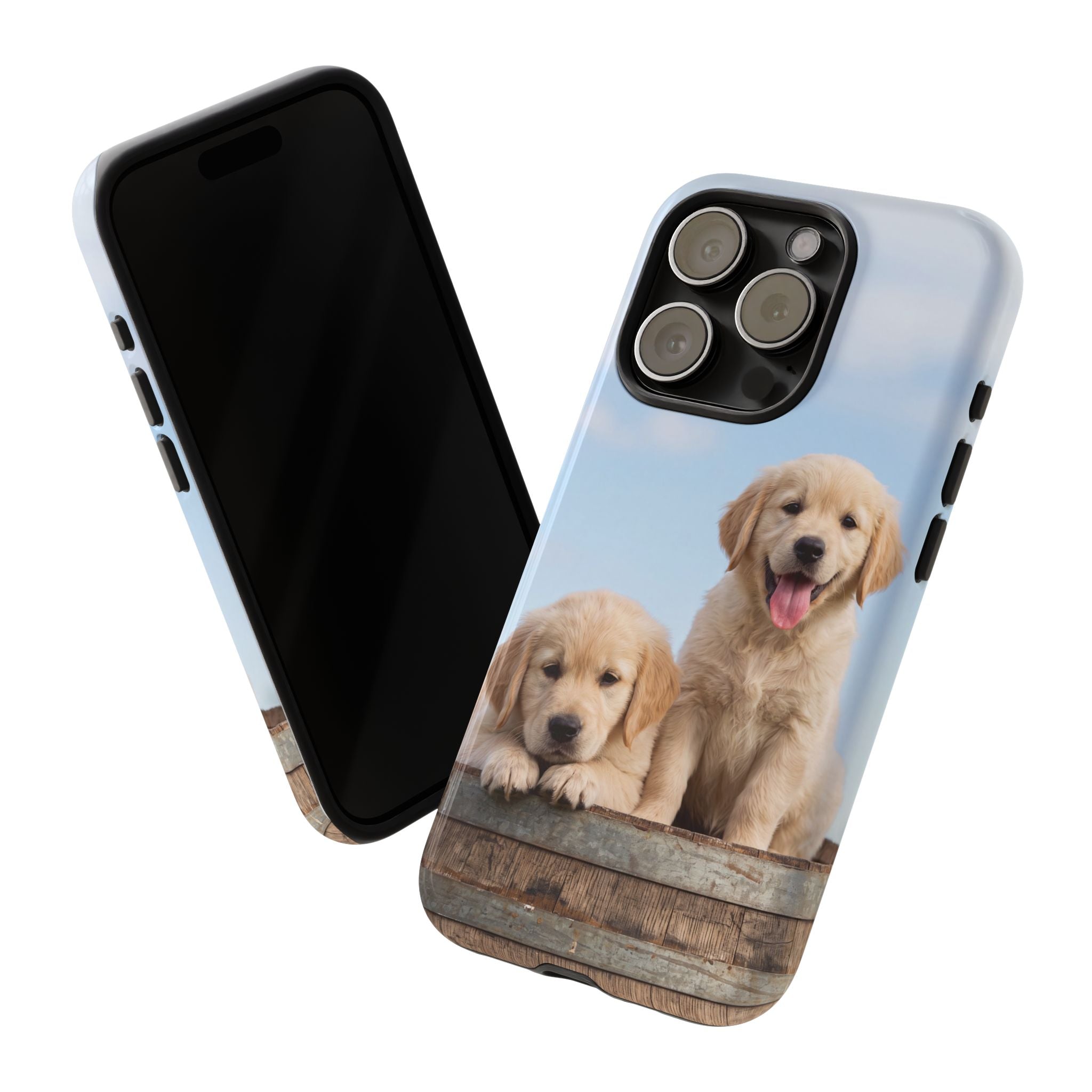 Golden Retriever Puppies on Barrel Phone Case | Cute Duo Under Blue Sky | iPhone & Samsung