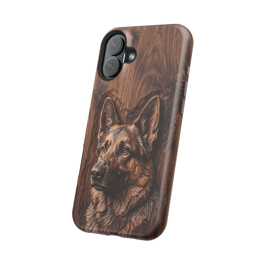 German Shepherd Phone Case | Carved Walnut Art — Tough Magnetic Case with Wireless Charging
