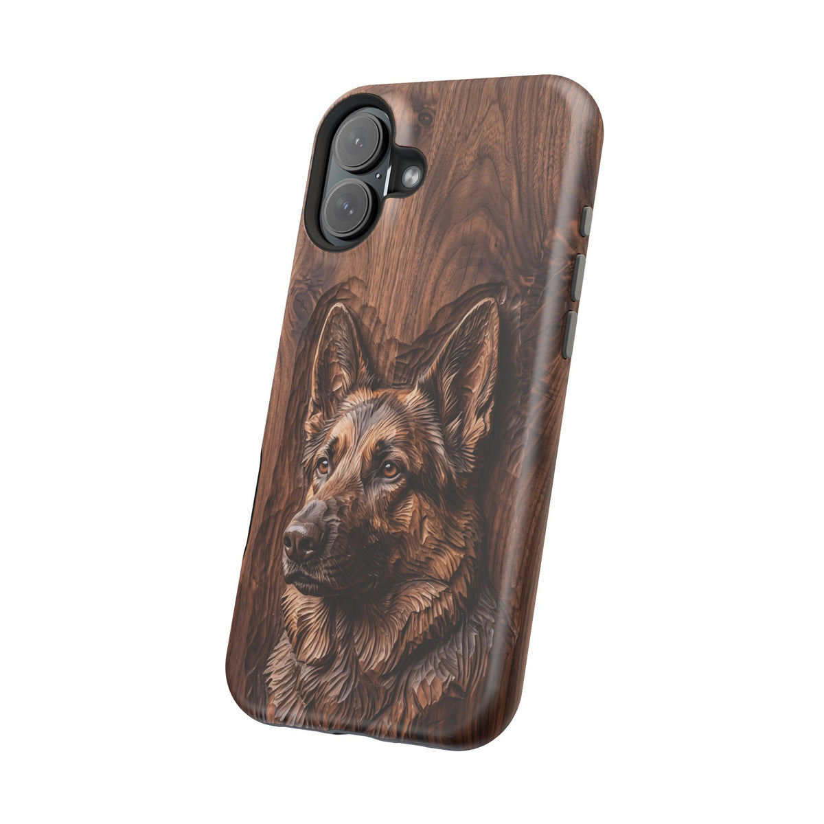 German Shepherd Phone Case | Carved Walnut Art — Tough Magnetic Case with Wireless Charging